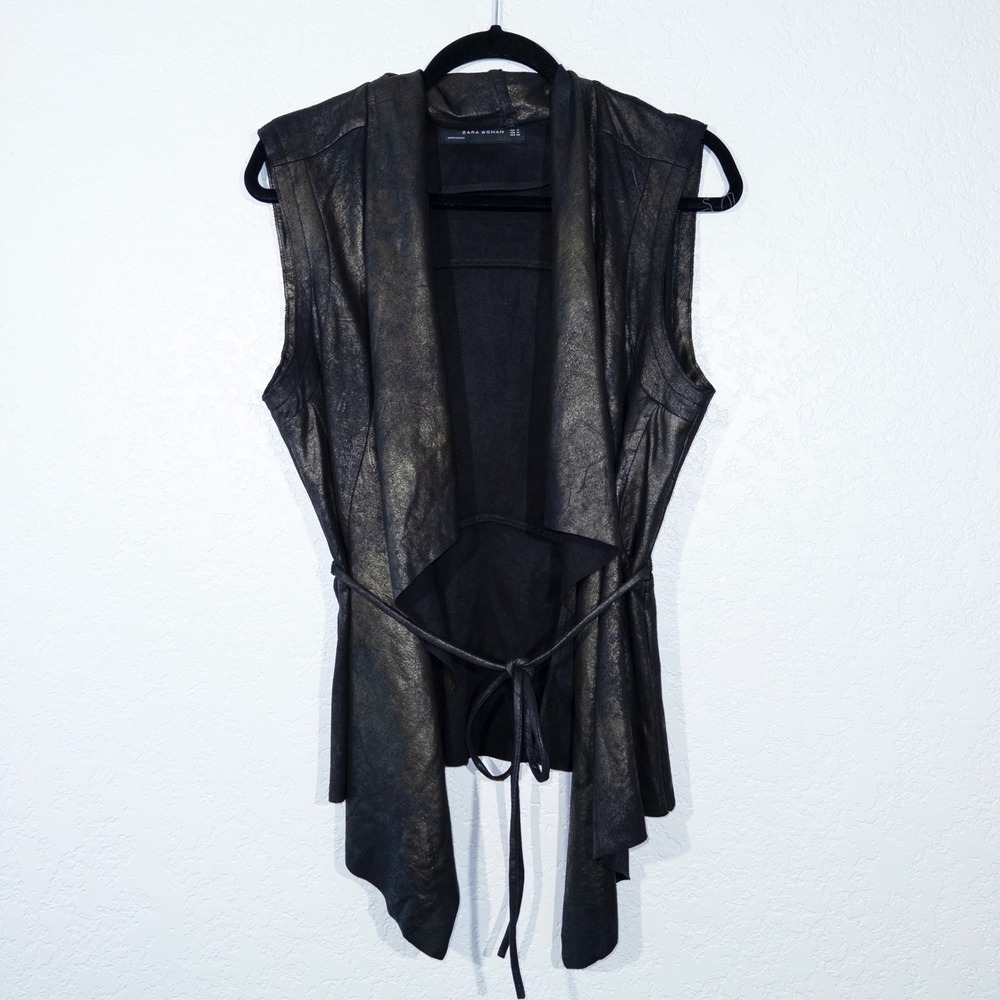 Zara Woman Black Metallic Faux Suede‎ Open Front Tie Vest Size Medium